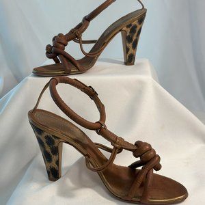 Roberto Cavalli Heels, Brown Leather with Leopard Pringt Heel, EU Size 40 1/2